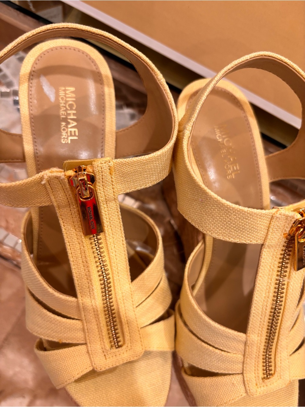 Michael Kors Yellow Canvas Espadrille Wedge Sandals with Gold Zip - Picture 4 of 6